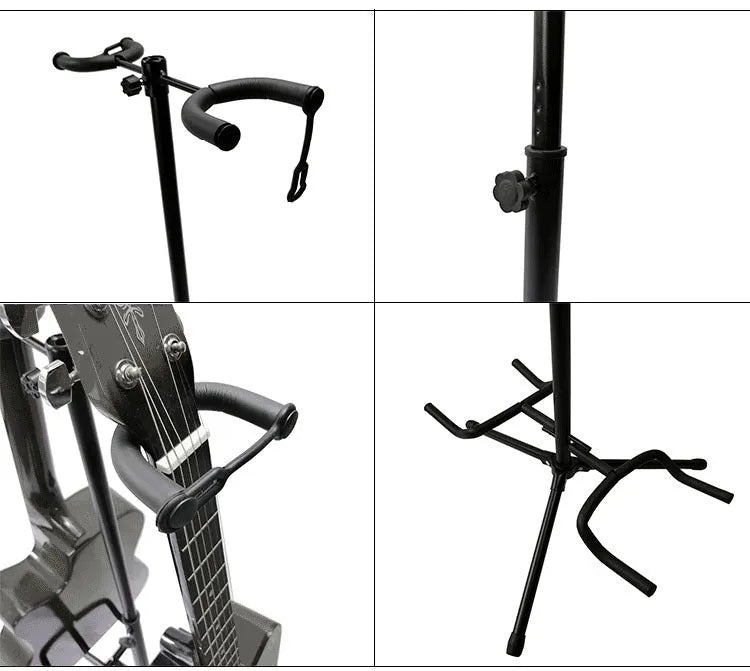Black vertical double-headed adjustable iron guitar stand for western stringed instruments