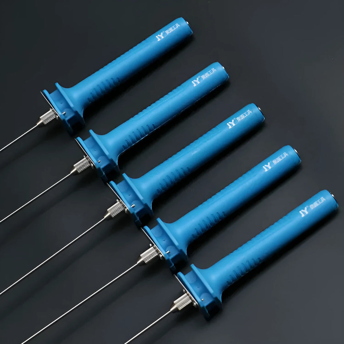 Blue plastic-handled electric heating pen for cutting foam and pearl cotton, with length options shown.
