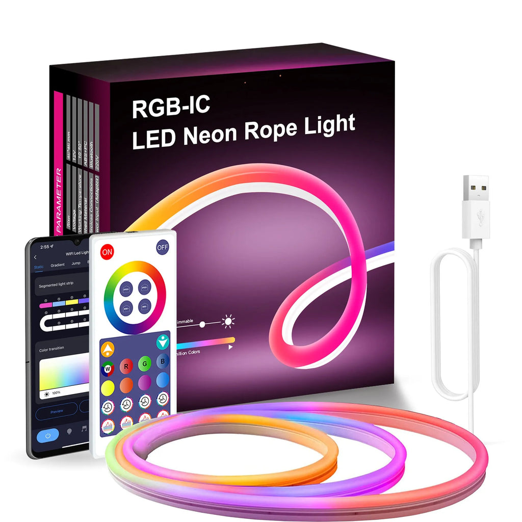 3-metre USB-powered RGB neon LED strip lights with remote control on colour box packaging