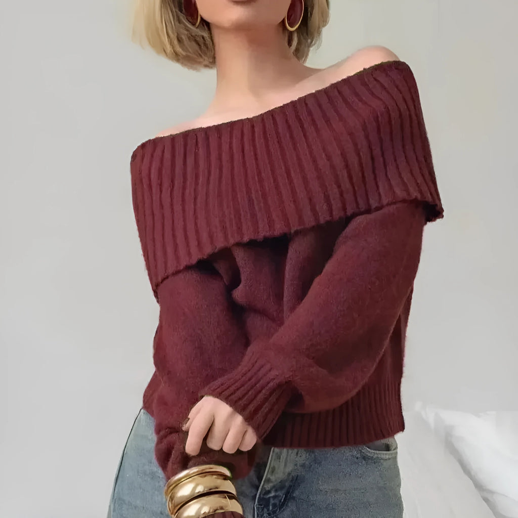 Grey off-the-shoulder jumper with 3D pattern texture, strapless design, regular sleeves
