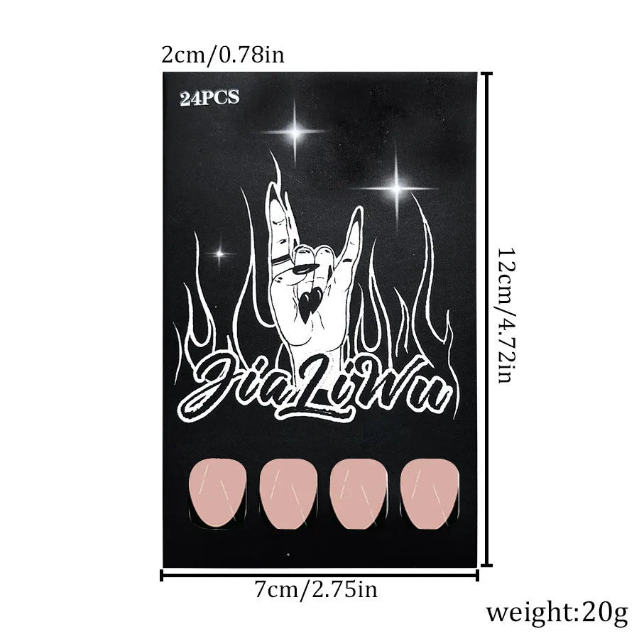 24 piece pack of black French tip false nails in a short almond shape