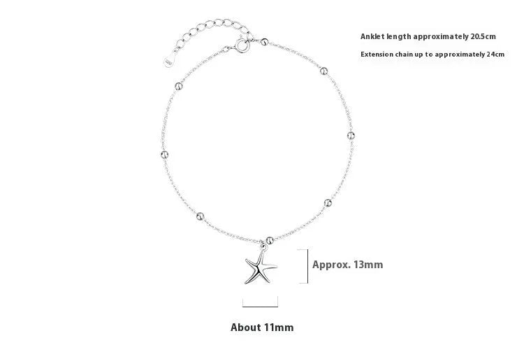 S925 sterling silver anklet with simple round beads and a central starfish charm for women.