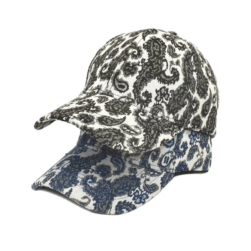Baseball cap with paisley pattern print in blue colour showing dome crown design
