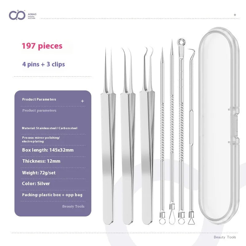 4-piece metal acne needle set with ultra-fine pointed clips on a silver background.