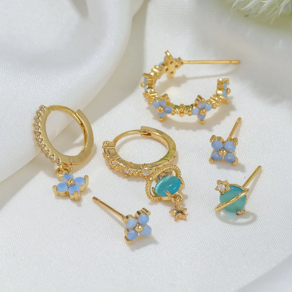 Japanese Korean style flower earrings with blue protein nail design and zircon mosaic on gold/silver metal
