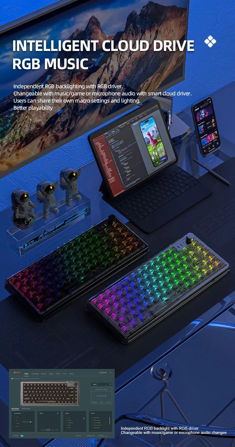 Attack Shark K75RGB wireless mechanical keyboard with transparent white case showing RGB lights and gasket mount.