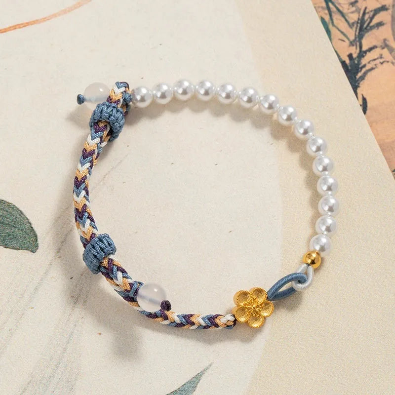 Sterling silver chalcedony bracelet with Chinese flower weaving and peach coloured cord