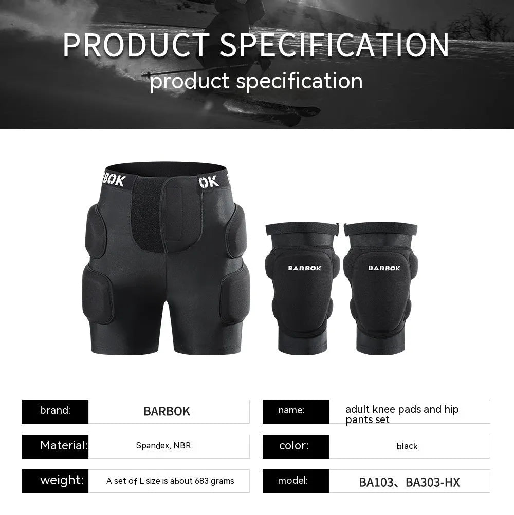 Black BA103 protective hip pad with elastic leg straps for roller skating and skateboarding safety.