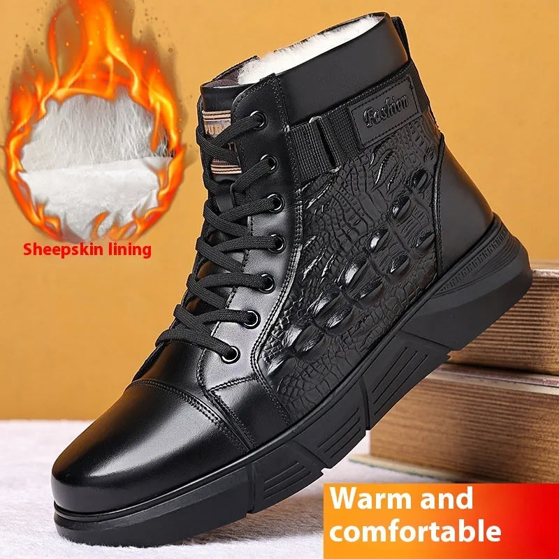 Women's black genuine leather snow boots with fur trim and lace-up front