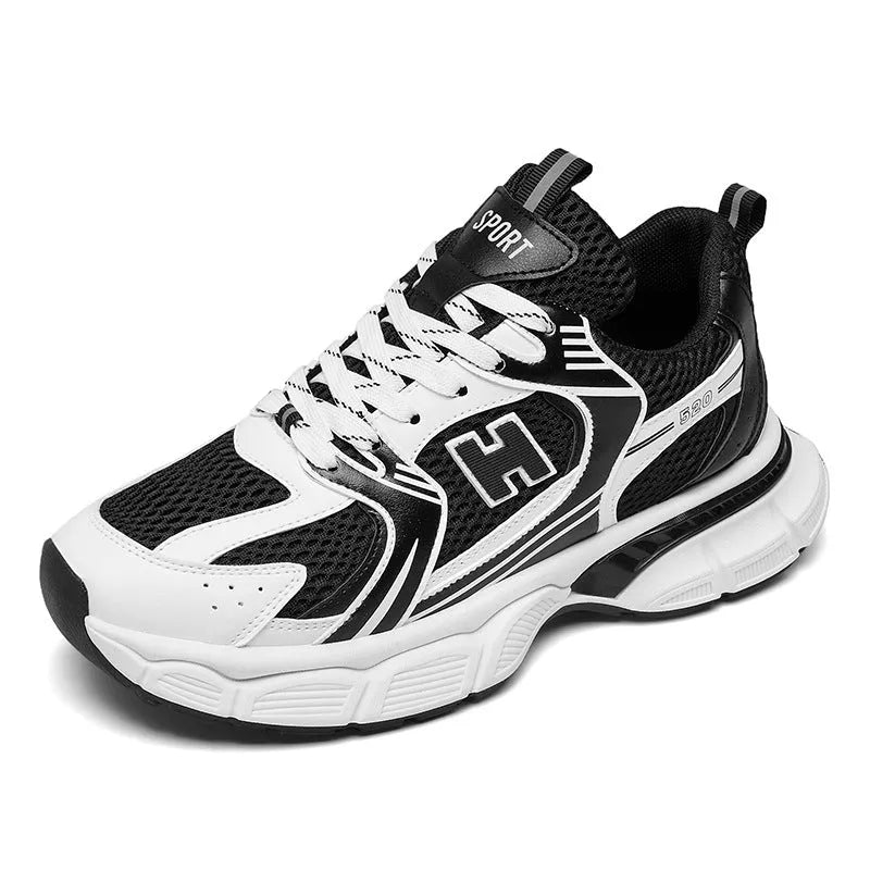 Men's black mesh casual running shoe with round toe and plastic sole