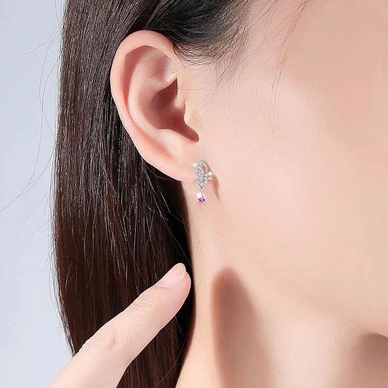 925 sterling silver butterfly stud earrings with crystal accents on wings for women