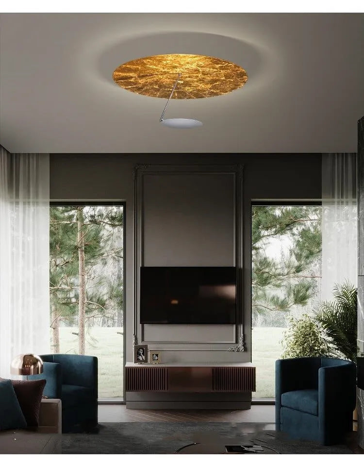 Iron ceiling lamp with 50cm diameter and LED warm light in white or white gold finish.