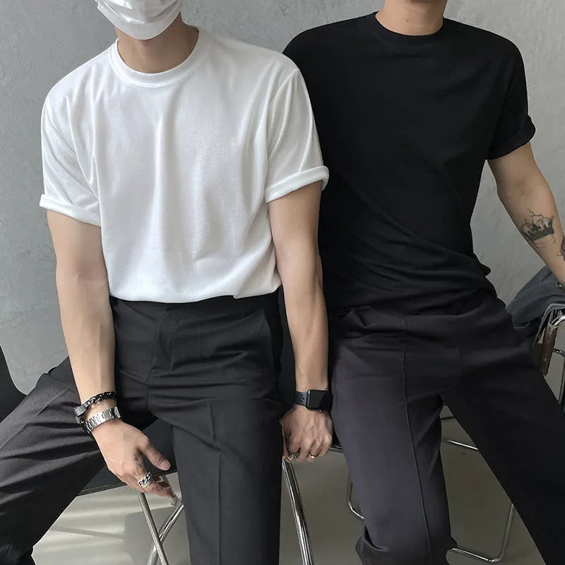 Men's slim fit round neck cotton t-shirt in black solid colour on a white background