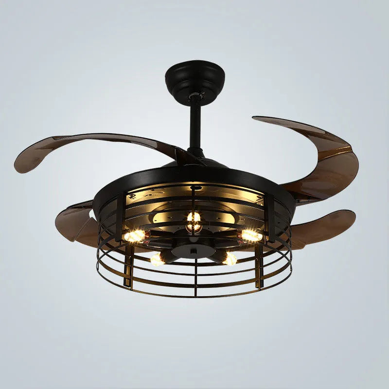 Industrial-style 42-inch ceiling fan lamp with invisible acrylic blades and integrated light shade