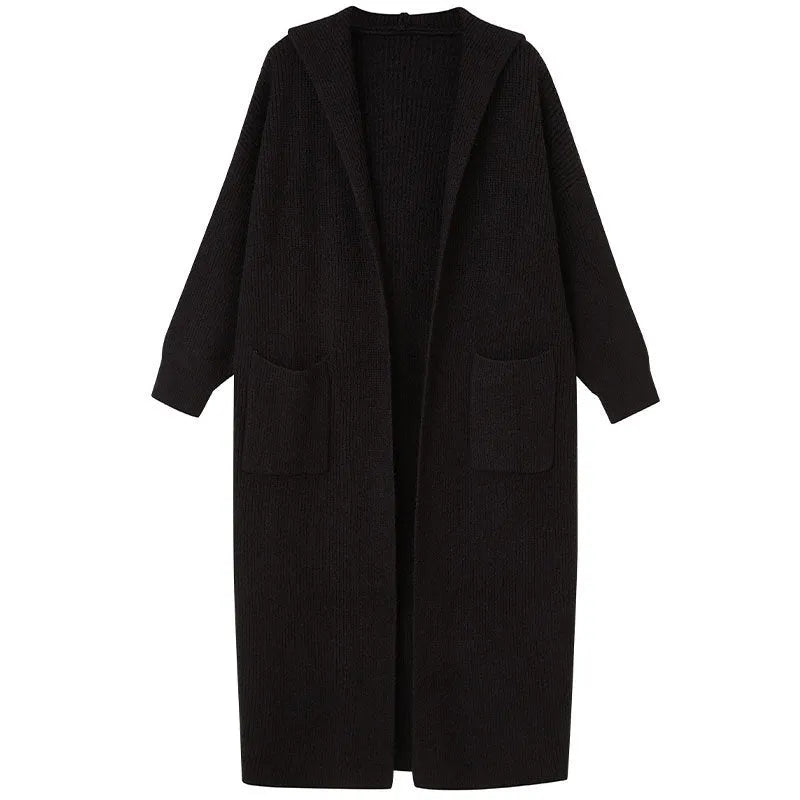 Long grey knitted cardigan with hood in trench coat style, showing wool blend fabric texture and 80cm length