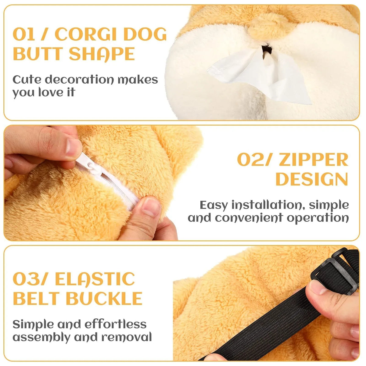 Yellow corgi butt shaped car tissue box cover hanging from a sun visor