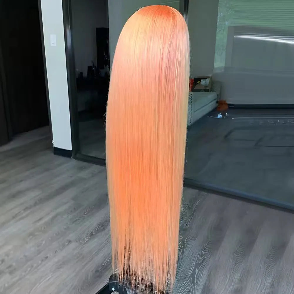 Light orange long straight synthetic wig with front lace and side bangs.