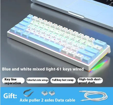 61 key compact mechanical keyboard with multiple colour options including blue-white and dark blue-white orange variants