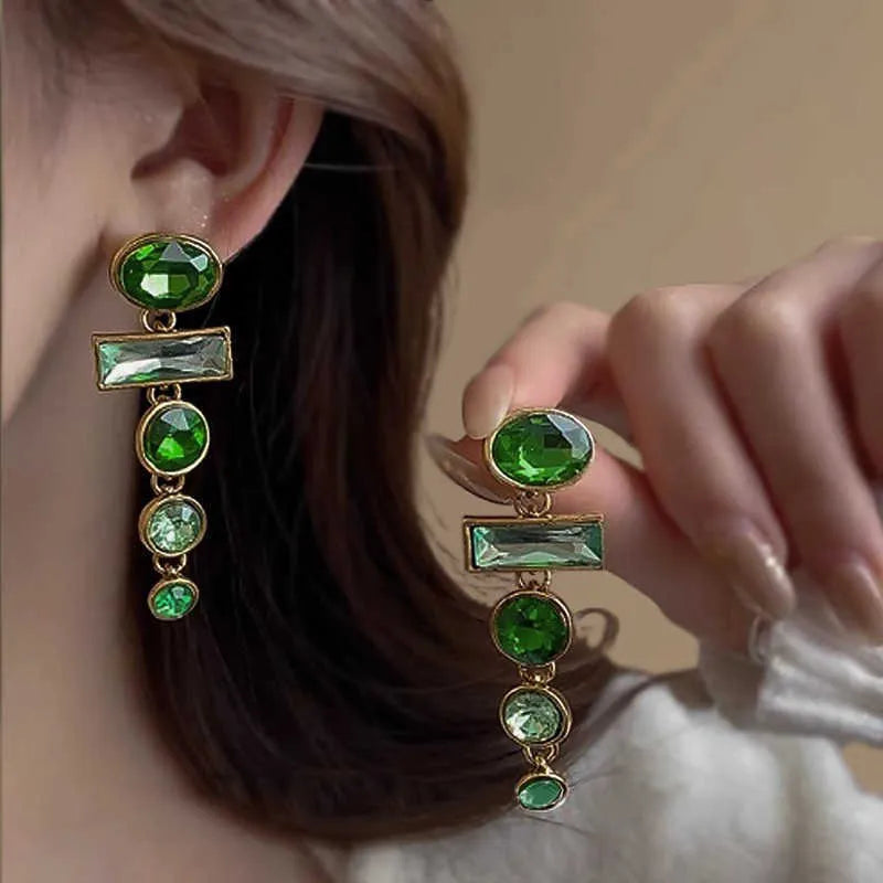 Retro geometric green gradient alloy earrings with tassel design and inlaid zircon stones