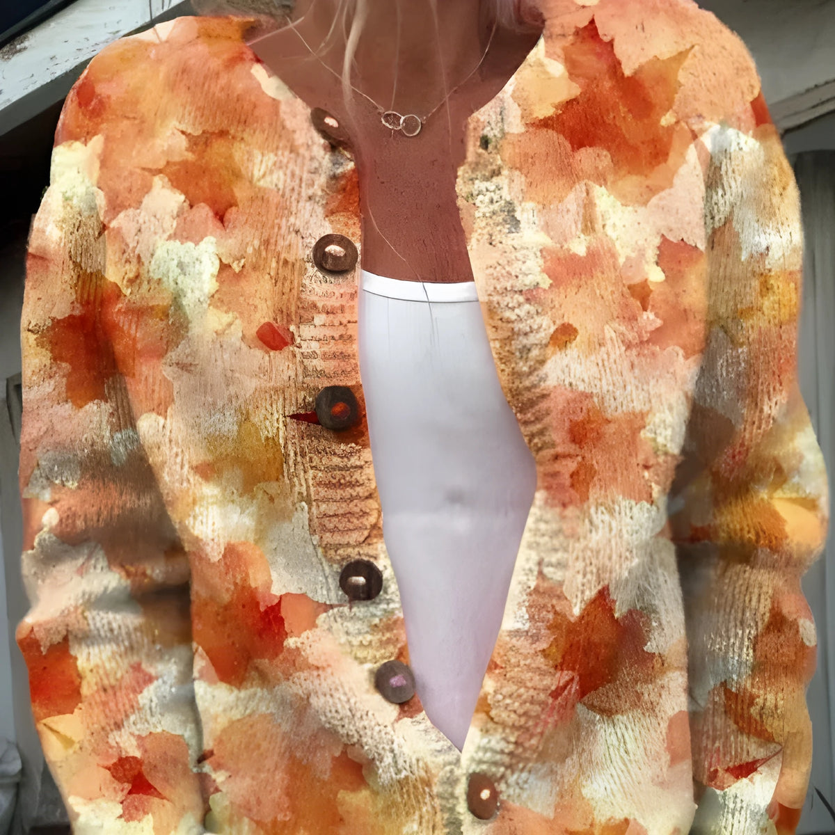 Yellow knitted cardigan coat with digital printed 3D pattern effect, open front design with regular sleeves