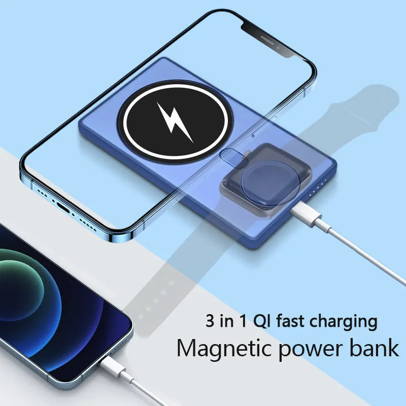Three-in-one magnetic wireless charging power bank 5000mAh ultra-thin 116x65x13mm black or blue