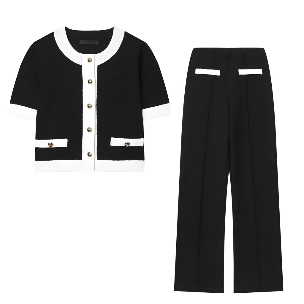 Women's casual polyester suit with beaded leather detail on top and stretch high-waisted trousers.