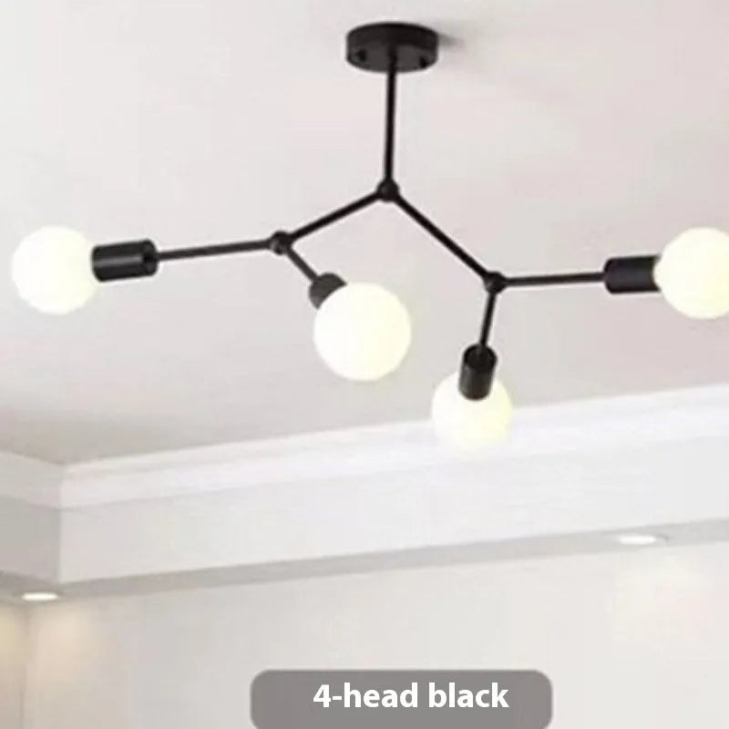 Iron Nordic style ceiling chandelier with multiple light heads in black or white finish.