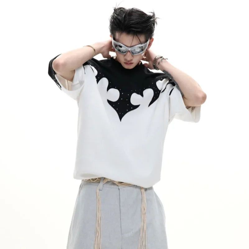 Men's loose grey cotton T-shirt with 3D stitching and rhinestone flower design on the front.