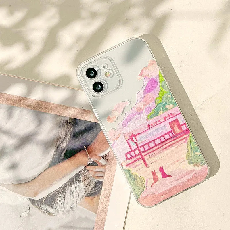 iPhone mobile phone case with two cat cartoon design on PC rear cover