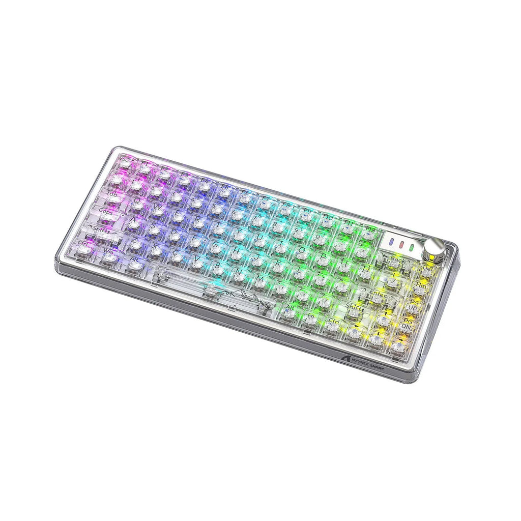 Attack Shark K75RGB wireless mechanical keyboard with transparent white case showing RGB lights and gasket mount.