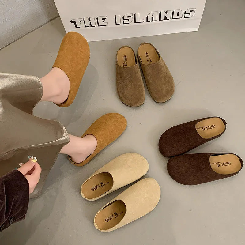 Square toe microfiber slip-on slippers in apricot brown camel and khaki colors for summer