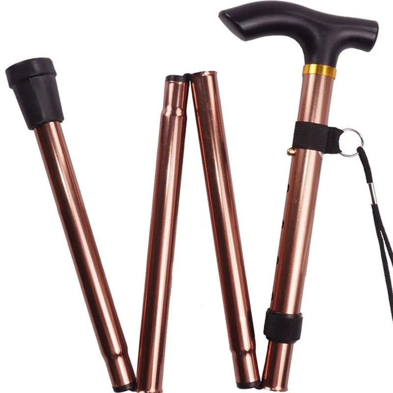 Aluminium folding walking cane shown extended and collapsed, with adjustable height and non-slip handle.
