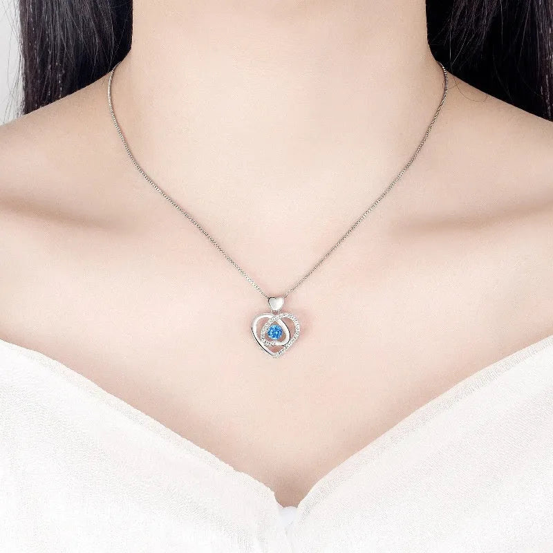 Blue diamond heart pendant necklace and bracelet set with mixed gem inlay on electroplated copper chain