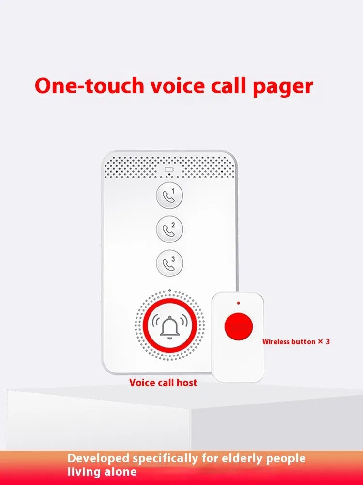 White emergency alert device with central buzzer unit and three wireless button pendants for elderly care