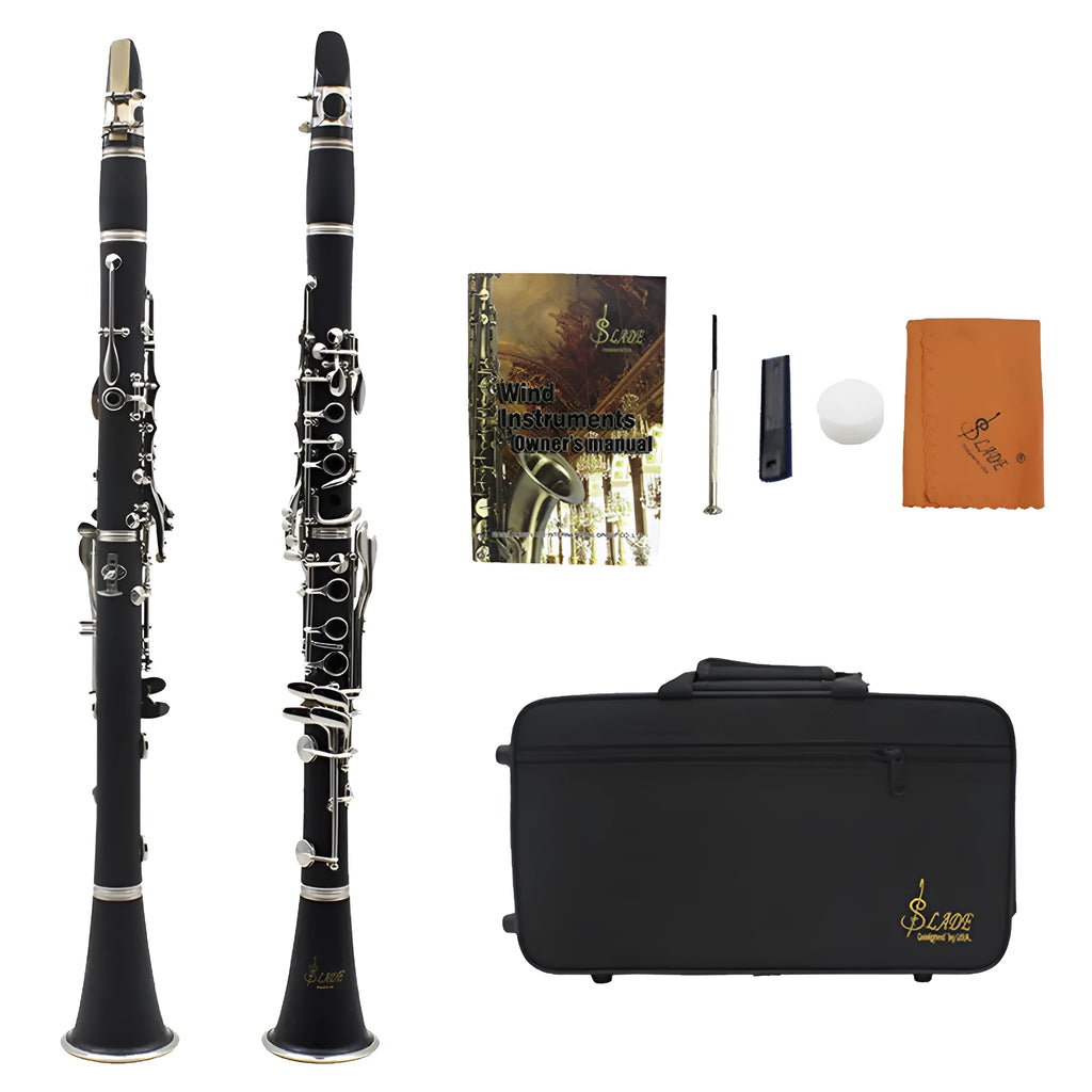 Black Bakelite 17-key beginner clarinet with nickel-plated keys and a carrying bag.