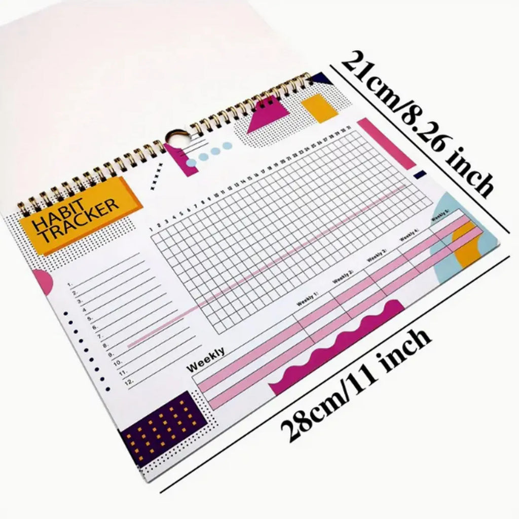 Self-discipline habit tracking notebook showing 12 internal pages with A4 21x28cm dimensions
