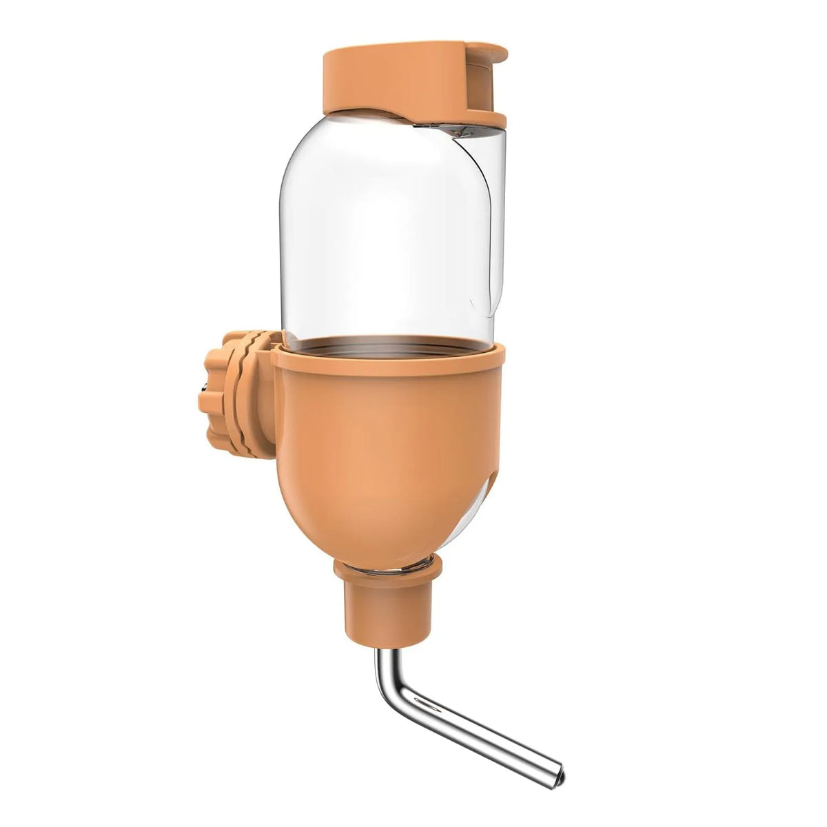 Blue small animal water bottle with rotatable nozzle attached to a wire cage bracket