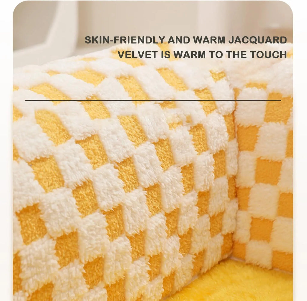 Coffee coloured fan-shaped plush pet bed with a tunnel entrance and anti-slip granular base.