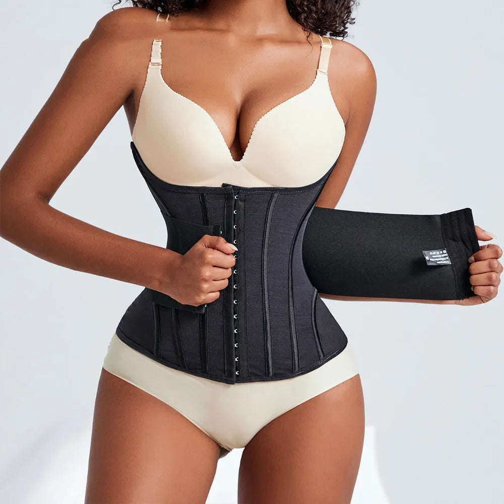 Black nylon belly band waist trainer shown flat with size range XXXS to 3XL
