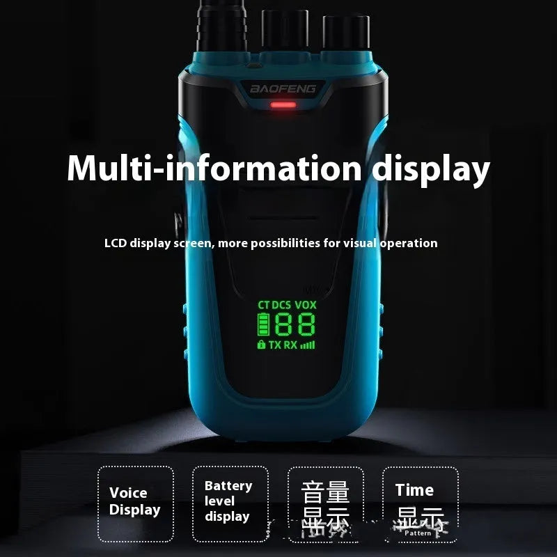 Red or yellow children's handheld intercom measuring 95mm by 53mm by 28mm with USB charging port