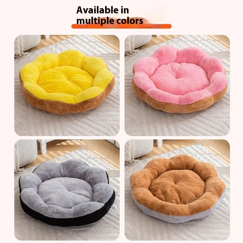 Round rabbit plush cat bed with a removable cover in yellow brown colour.