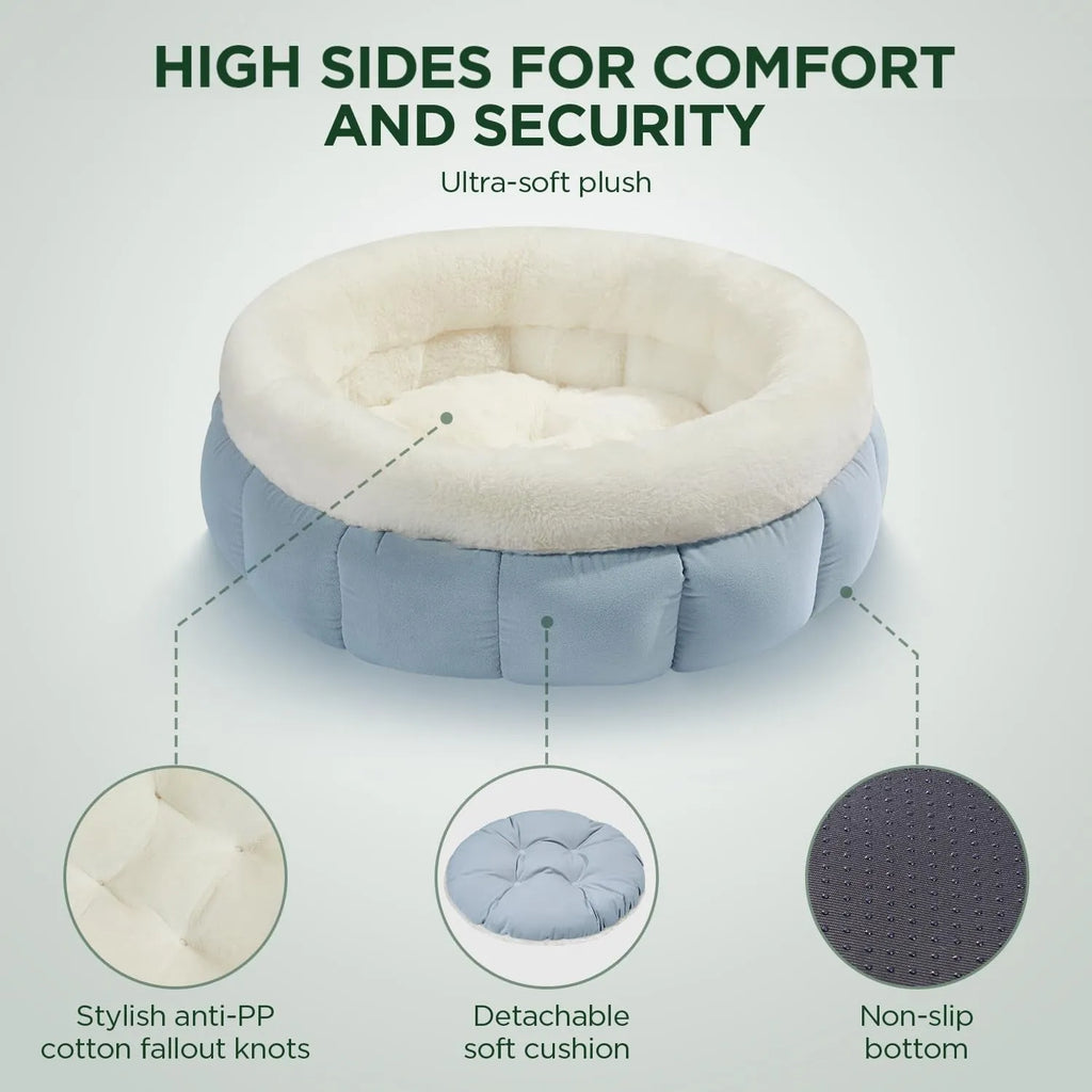 Round donut dog and cat bed in faux rabbit fur with anti-slip bottom and raised sides, available in five sizes
