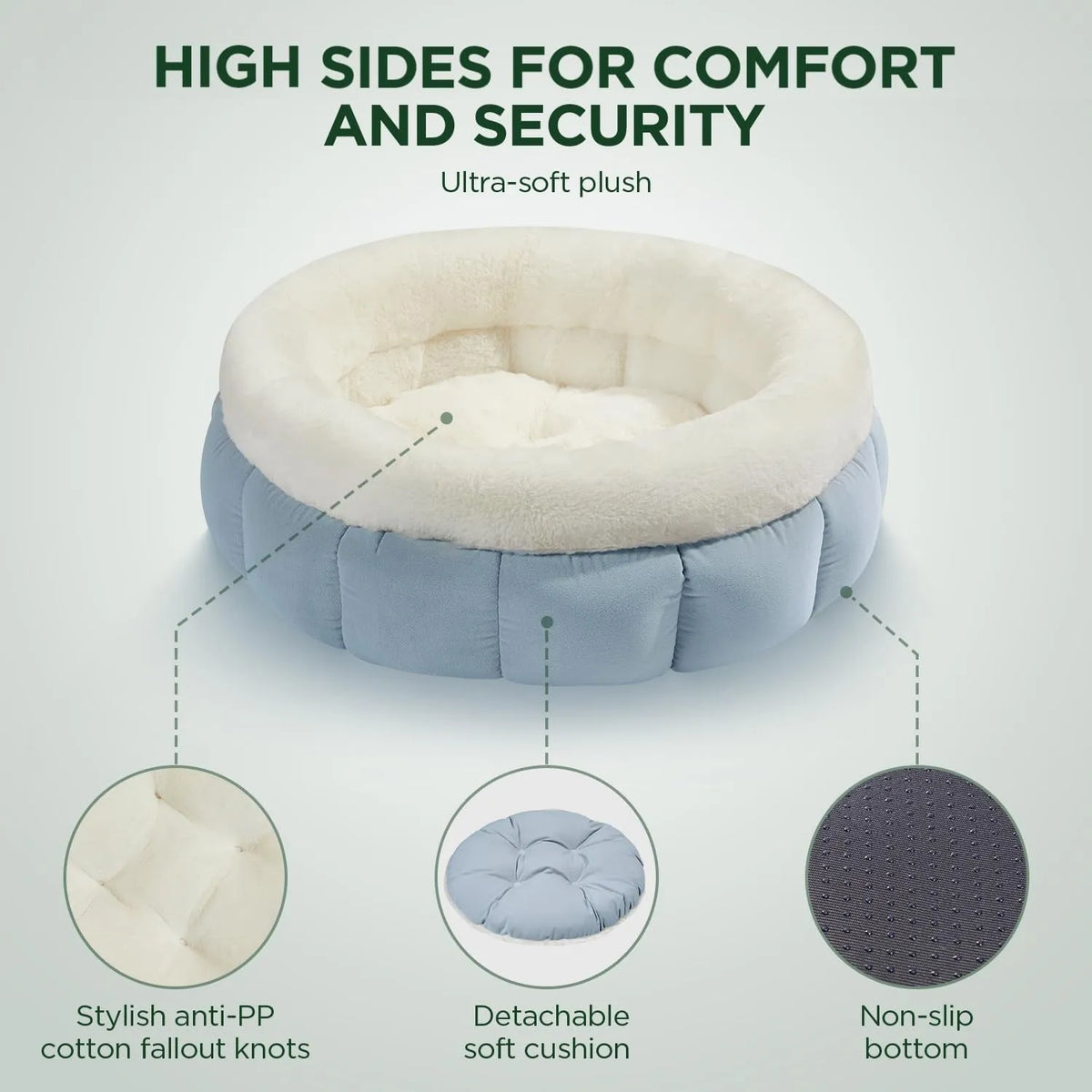 Round donut dog and cat bed in faux rabbit fur with anti-slip bottom and raised sides, available in five sizes