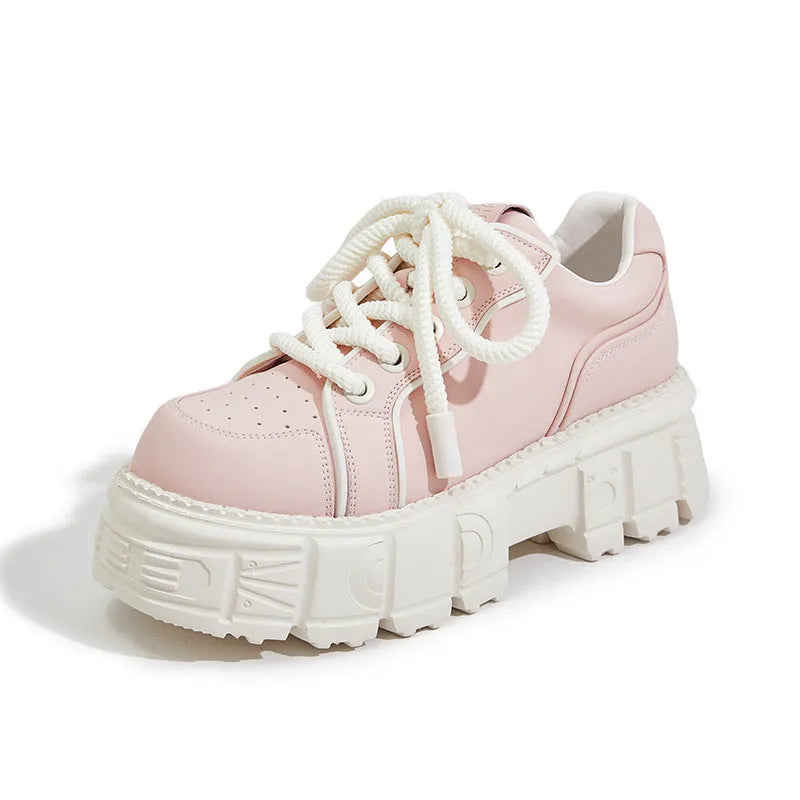 Women's beige and pink leather casual shoes with muffin bottom height increase design