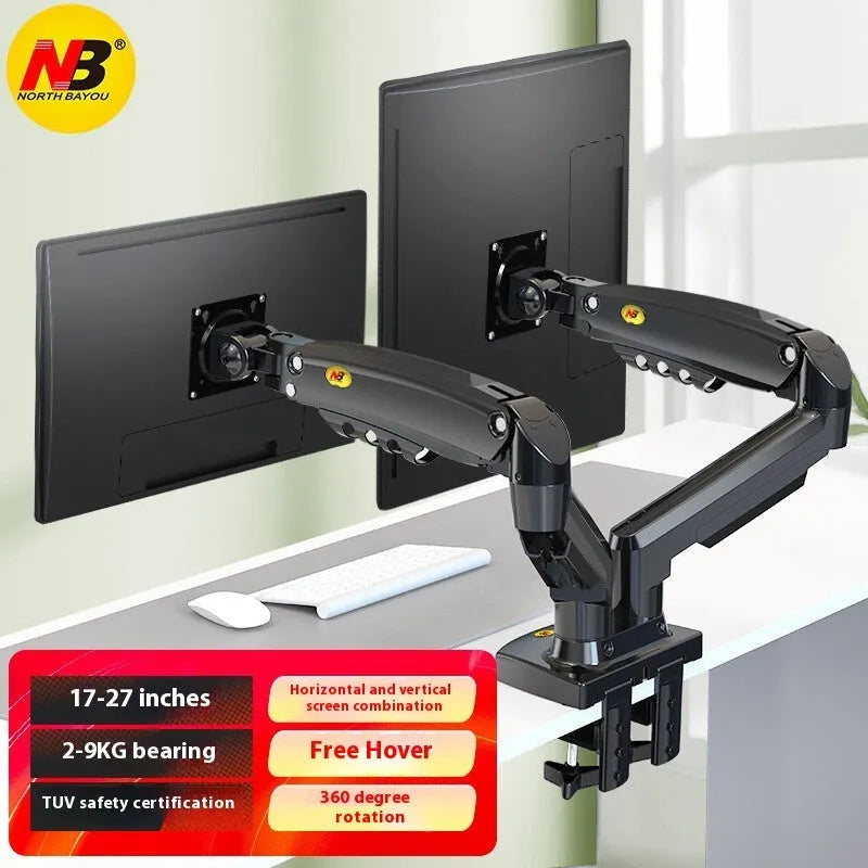 Dual monitor desk mount bracket in aluminium alloy with mechanical height adjustment