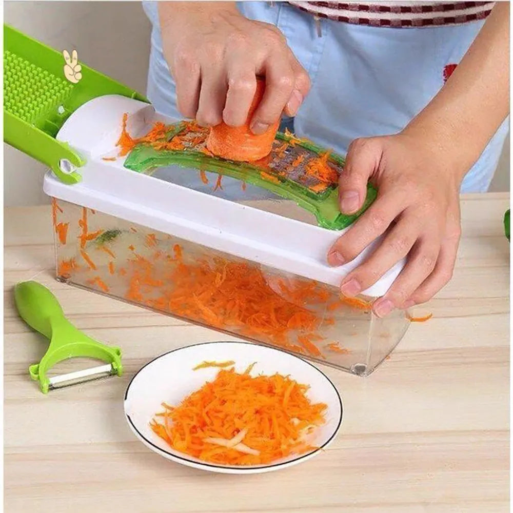 Green ABS plastic vegetable chopper with stainless steel blades and 12 kitchen accessories for manual food preparation