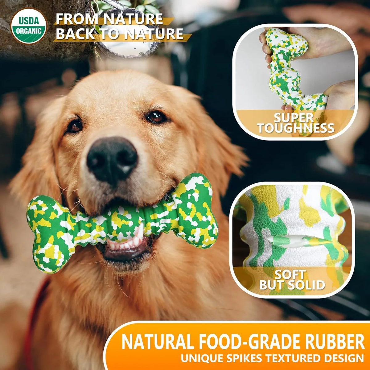 Natural rubber dog chew toy with camouflage pattern for medium to large breed aggressive chewers