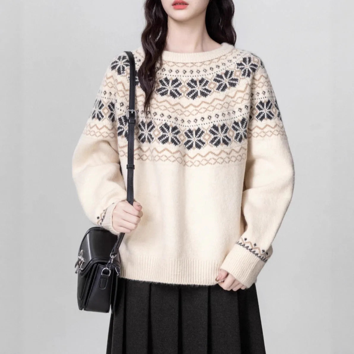 Women's milky white fair island geometric pattern pullover sweater