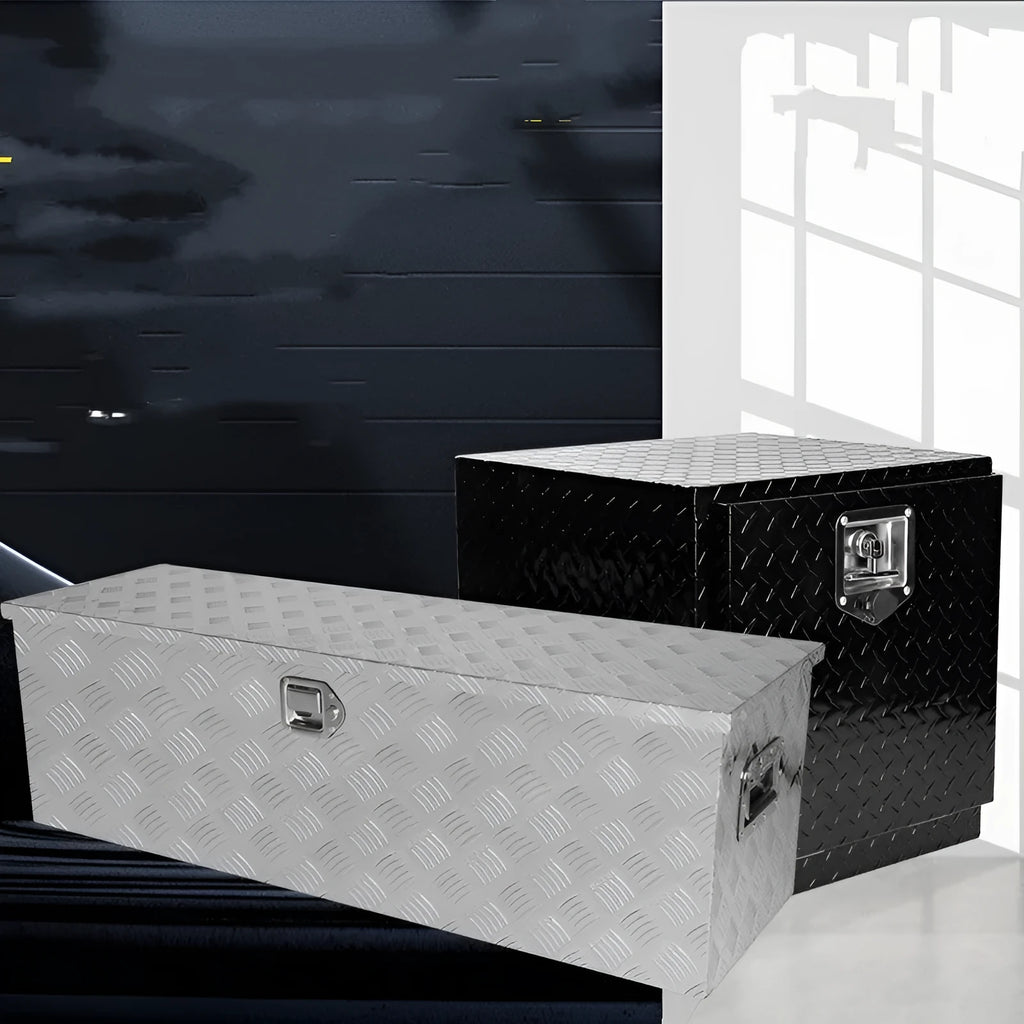 26-inch black aluminium alloy toolbox with integrated handle for tool storage