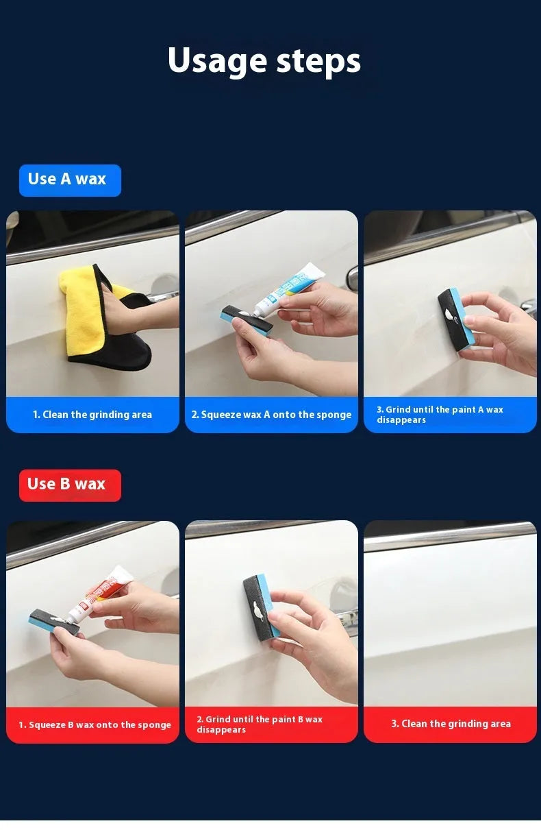 Car repair wax kit with scratch removal compound, brightening compound, and abrasive sponge mop